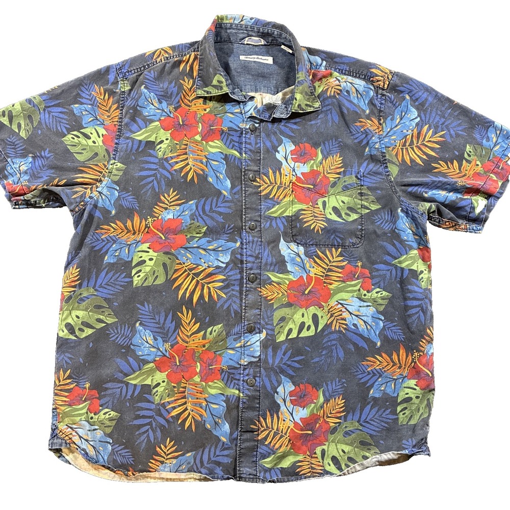 Tommy Bahama Button Up Mens L Blue Floral Tropical Tencel Cotton Aloha Beach